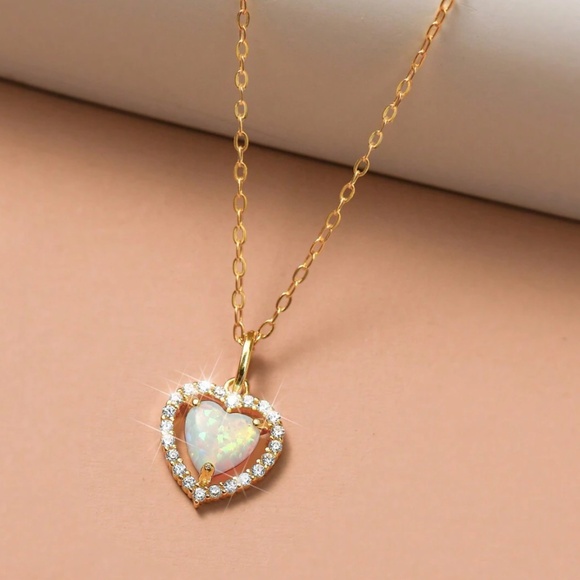 925 Sterling Silver Gold Plated Cubic Zirconia Opal Heart Necklace - Picture 1 of 6